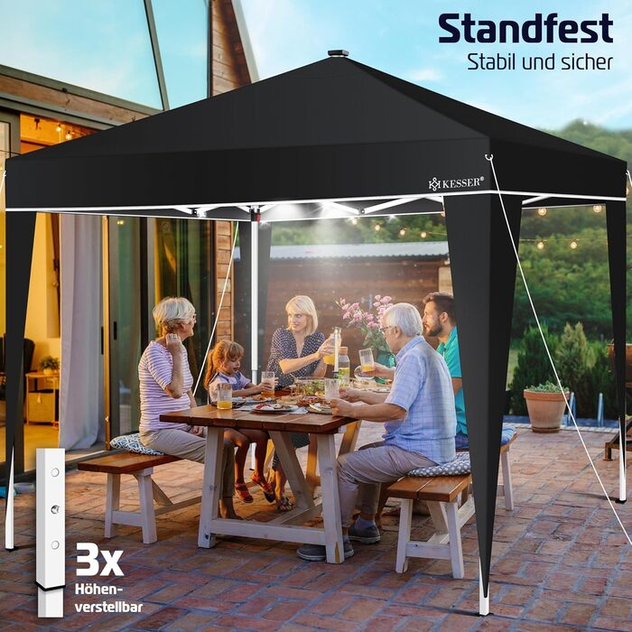 KESSER® Pavilion Folding Pavilion 3x3m with LED Lighting | Pop-Up Garden Pavilion Height Adjustable, Stable, Waterproof, Winter-Proof | Party Tent, Event Tent, UV Protection 50+ including Remote Control & Bag Black