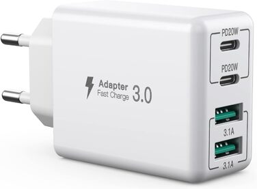 Блок зарядки USB C 40W з 4 портами: швидка зарядка PD+QC для iPhone, Samsung, Tablet (білий)