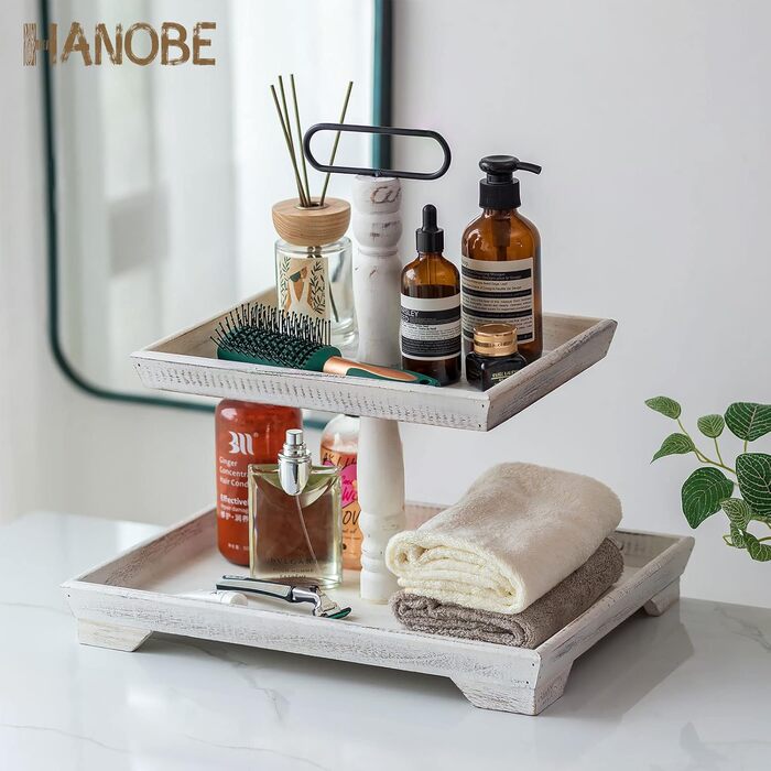 Hanobe Decorative Table Tray Etagere Wood: White Washed Wood Tray Large Rectangular with 2 Tiers Farmhouse Decorative Tray Vintage Shabby Serving Tray for Home Coffee Corner Bathroom