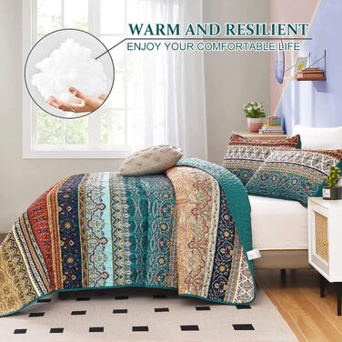 WONGS BEDDING Bedspread 220x240 Bed Cover Bohemian Quilt Steppdecke 3-Piece Double Bed Quilted Bedspread Microfiber Throw Blanket with 2 Pillowcases 50x70 for Bedroom as Sofa Cover (Bohemian) (200x220 cm, Brown Green)