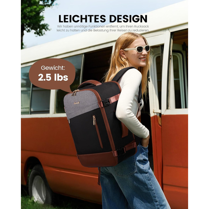 LOVEVOOK Рюкзак ручної поклажі 40L, 17.3 дюйми, великий рюкзак для подорожей для жінок та чоловіків, розширюваний дизайн, рюкзак ручної поклажі для літака, Travel Backpack як Cabin Bag для подорожей та бізнесу (40x30x20cm-24L, Чорний + Сірий + Каштанового