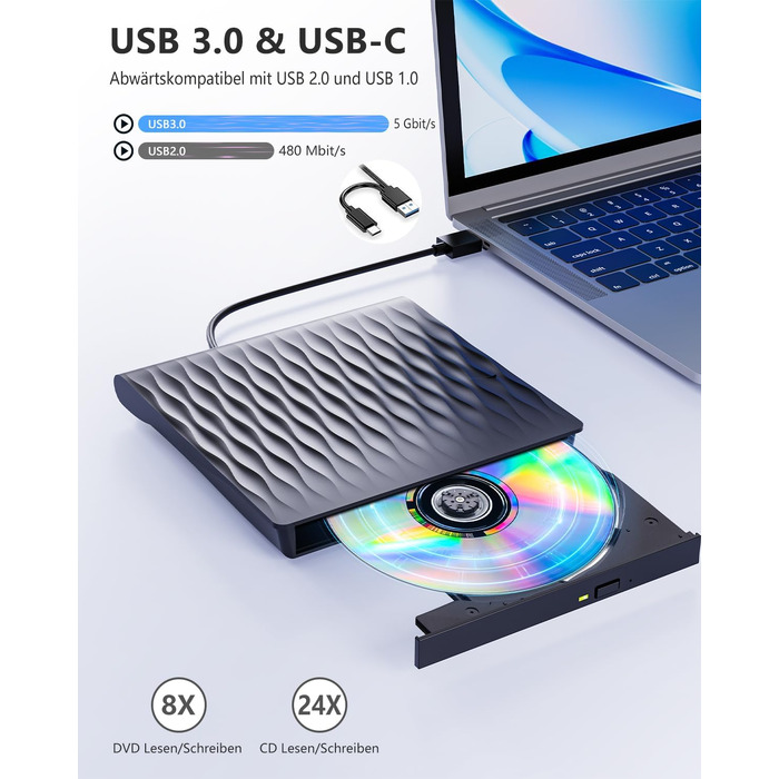 Зовнішній DVD CD привід DANGZW USB 3.0 Type-C, портативний DVD-записувач та плеєр для ноутбука та ПК, сумісний з Windows, Linux, MacOS, матовий чорний