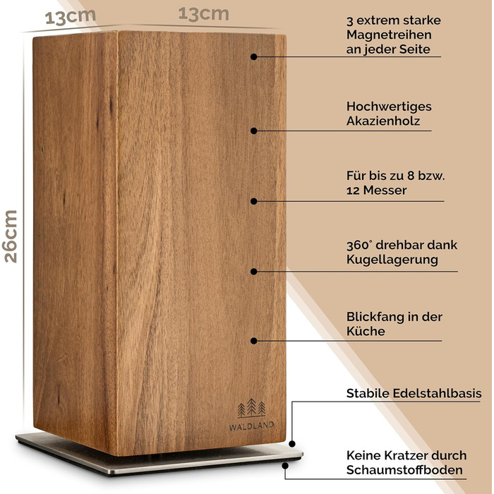 WALDLAND Premium Knife Block without Knives – Magnetic Knife Block made of exquisite and robust Acacia wood | Magnetic Knife Holder | Magnetic Knife Holder | Wooden Block