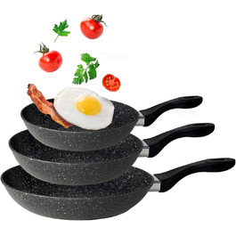 Набір сковорідок, чорний колір, з ефектом граніту - 3 шт. (28 см + 24 см + 20 см), антипригарне покриття, для індукційних, газових та склокерамічних плит