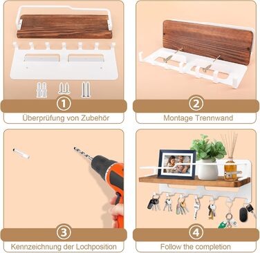 Дерев'яне ключове дошка JiangLin з полицею, декоративний тримач для ключів, настінна ключниця з 7 гачками, для входу, коридору, вітальні (білий)