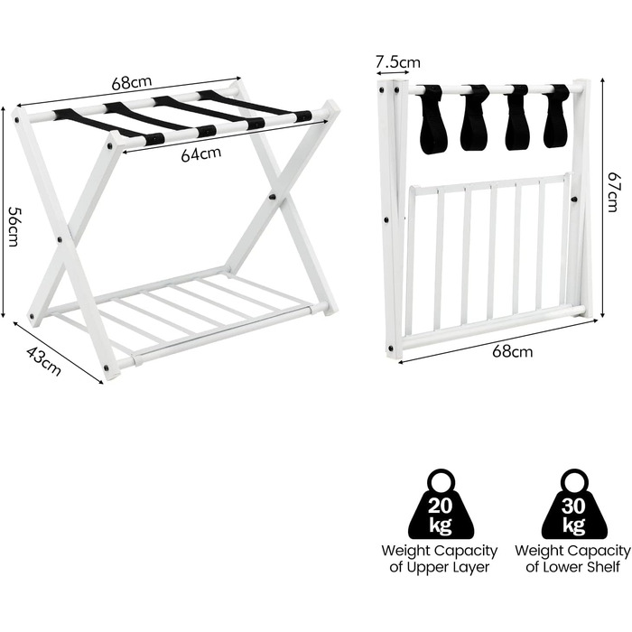 GIANTEX Folding Luggage Rack 2-Tier 68 x 43 x 58 cm Luggage Shelf Baggage Rack Metal Space-Saving Luggage Stand for Bedroom Guest Room Hotel Black (2 Pieces, Black) (2 Pieces, White)