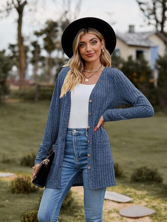 Кардиган жіночий з довгим рукавом, відкритий спереду, на ґудзиках, V-подібний виріз, легкий, з кишенями (XL, темно-синій)