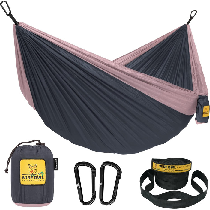 Wise Owl Outfitters Hammock for Camping, Single Hammocks, Outdoor Gear, Backpacking, Survival, or Travel, Portable, Lightweight, Parachute Nylon, Blue and Gray (Charcoal Gray and Rose, Twin Size)