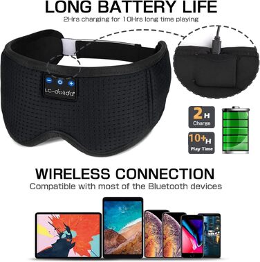 Маска для сну Dolida з Bluetooth навушниками V5.4, бавовняна, з мікрофоном, для подорожей, йоги, медитації (чорна)