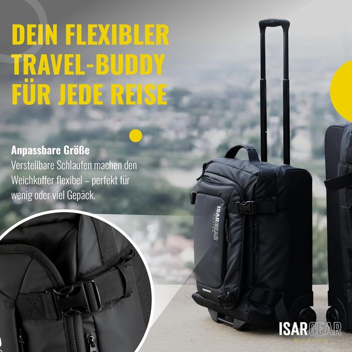 Чемодан ручної поклажі Isar Gear® з 2 колесами (50x35x20 см) - Легкий дорожній чемодан 20 літрів з тканини, ручний ролер, м'який кейс (Softcase) чорного кольору з колесами, висота 50 см