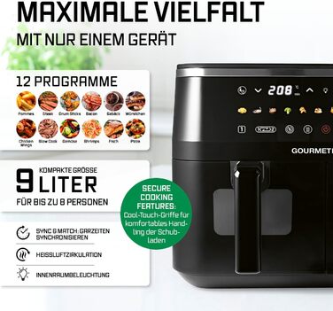 Фритюрниця готує без олії GOURMETmaxx 9л (2x4,5л) з цифровим дисплеєм, таймером та захистом від перегріву, чорна