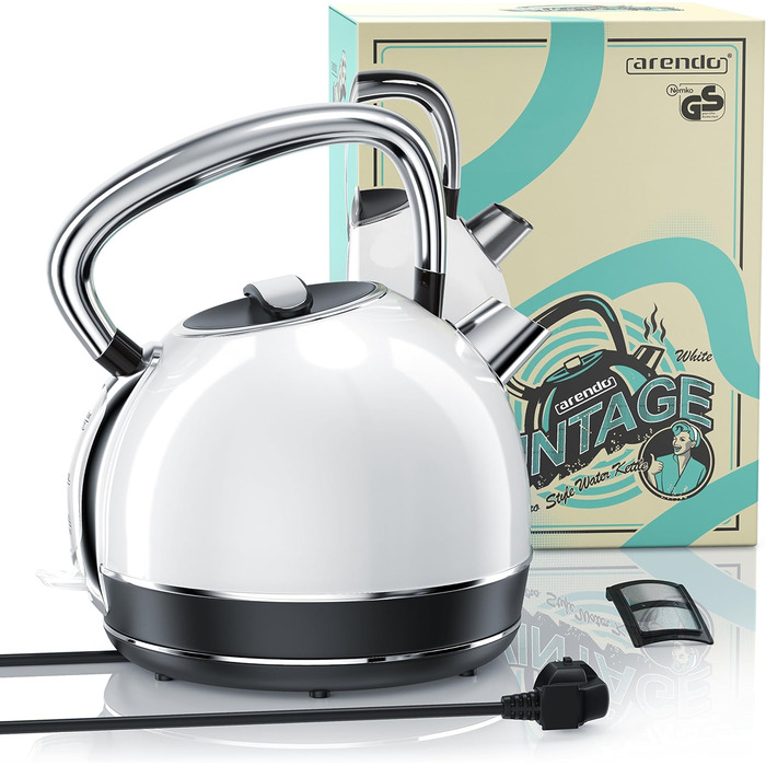 Arendo Retro Stainless Steel Kettle - 1.7L Electric Kettle with Replaceable Scale Filter - Cool Grey - Automatic Shutoff
