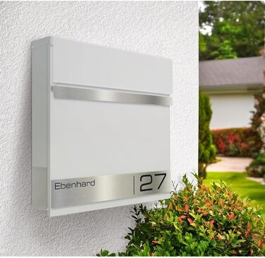 Поштова скринька Metzler Premium з газетницею, антрацит. Персоналізована з табличкою для імені. Якісна настінна поштова скринька з нержавіючої сталі V2A з порошковим покриттям RAL 7016, модель Stencil (біла)
