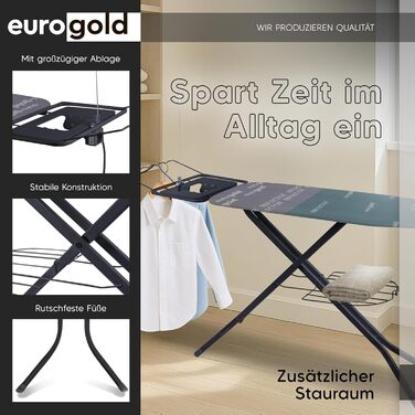 Прасувальна дошка EUROGOLD® XXL 120x42 см з розеткою для парогенератора – стабільна, регульована по висоті (зелена)