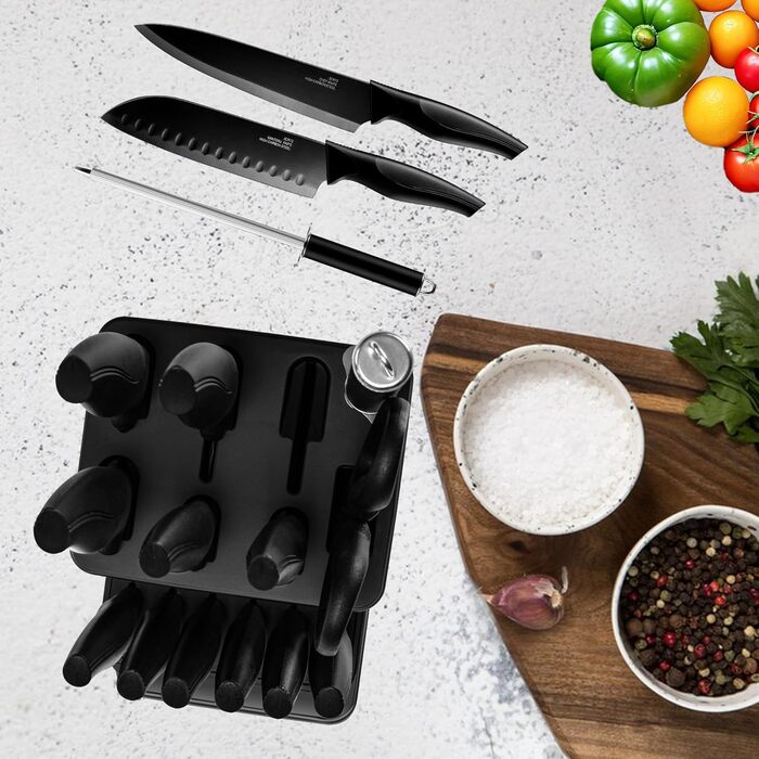 Набір ножів Joyfair 15 предметів з підставкою, з високоякісної нержавіючої сталі, з точильним каменем, кухонний набір з кухонним ножем, ножем для хліба, ножицями та ножами для нарізки та подрібнення, чорний