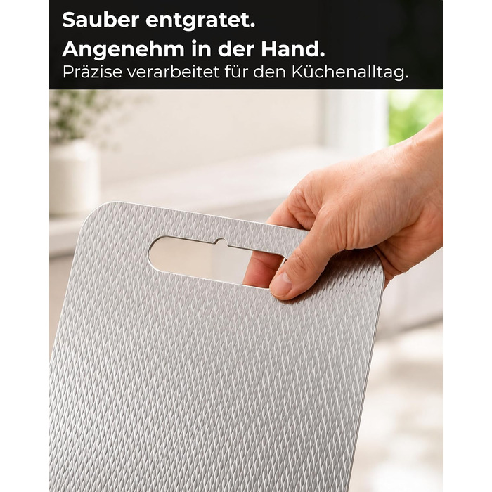 Обрізна дошка зі сталі нержавіючої 30x21 см, Made in Germany, гігієнічна поверхня, протиковзаюча з силіконовими ніжками
