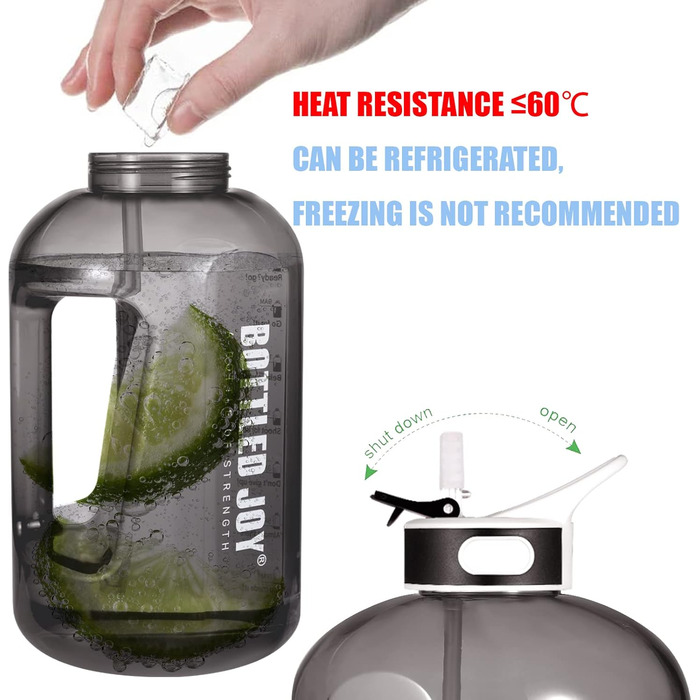 Water bottle with straw, 1 Gallon / 3.5L BPA-Free Leak-Proof Plastic Sports Bottle, Water Bottle with Time Markers, Drinking Bottle for Fitness, Office, Outdoor, Home (Black, 2500 ml)