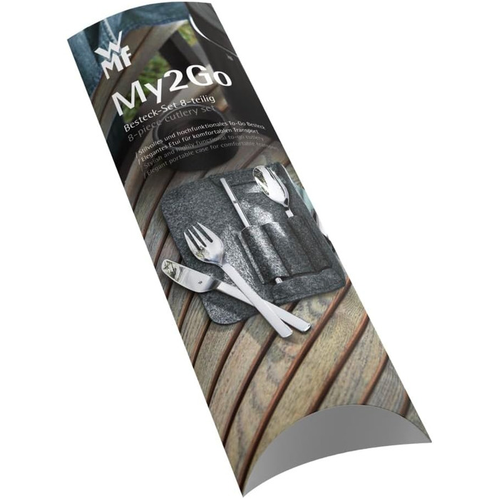 WMF my2Go Stainless Steel Cutlery Set, 8-Piece, Outdoor Travel Cutlery Set for 1 Person, Camping Cutlery with Case, Hiking Cutlery Environmentally Friendly, Straw, Cleaning Brush, Camping Accessories Gift