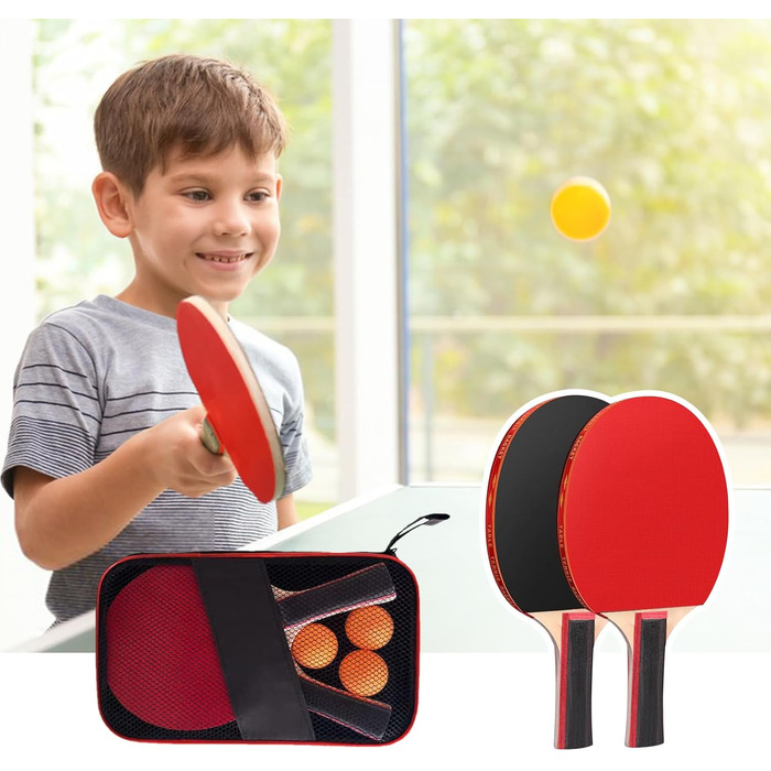 Набір для пінг-понгу JurciCat: 2 ракетки, 3 м'ячі, сумка. Підходить для гри в приміщенні та на вулиці. Довга ручка.