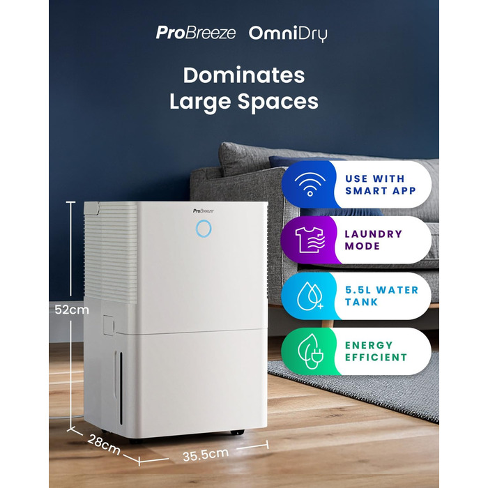 Про Breeze OmniDry - електросушарка повітря з Wi-Fi, 12л/24г, режим прання, датчик вологості, таймер, проти цвілі, для приміщень до 25м²