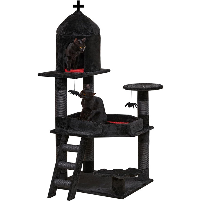 Large Gothic Scratching Post, 140 cm tall, Scratching Post for Large Cats, Stable, XXL Cat Tree with 6 Thick Scratching Pillars, Spider Hanging Ball, Sargbett Platforms, Cave, Black Cat Tower Halloween