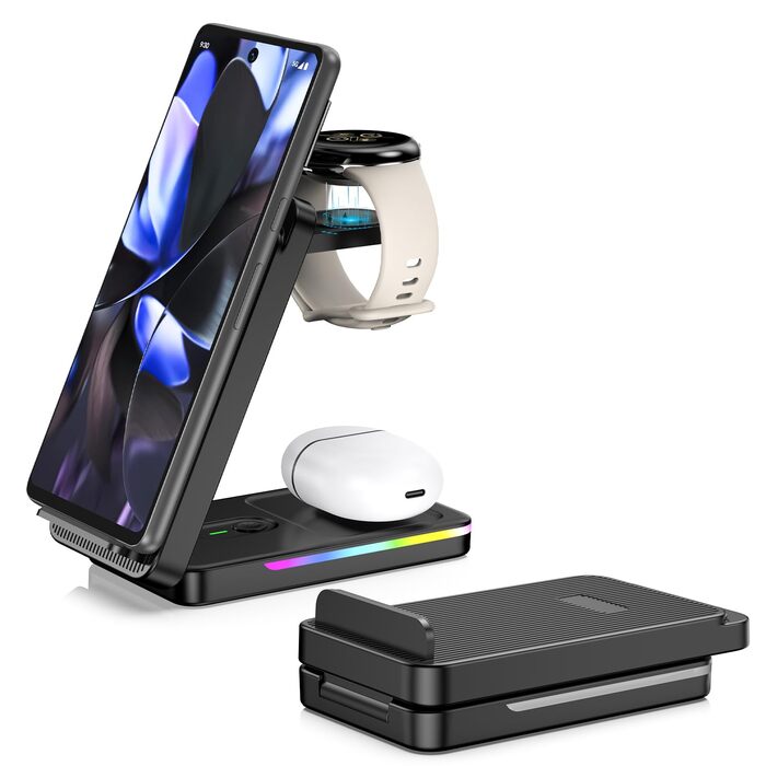 Зарядна станція індуктивна 3-в-1 для Google Pixel Watch 3/2, Pixel 10/9/9 Pro/8/8a/7 та Pixel Buds Pro 2 (складна, бездротова)