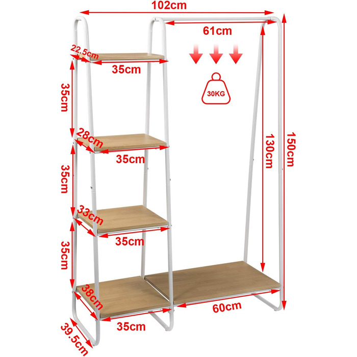 Coat rack, stable wardrobe, clothes rail with 5 shelves, 6 coat hooks, black metal coat rack, free-standing coat stand (white + oak, classic)