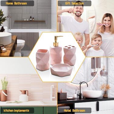 Bathroom Accessories Set, including soap dispenser, toothbrush holder, cup, soap dish, modern, elegant, bathroom organizer, ceramic bathroom decor set (Pink)