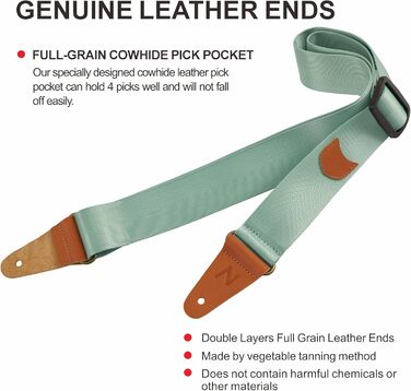 Гітарний ремінь з кишенею для медіатора, вінтажний, з кінцями з повном'якої шкіри. Підходить для бас-гітари, електро- та акустичної гітари. З безкоштовним кріпленням для ременя, 1 паром затискачів та 4 медіаторами. Колір: світло-зелений