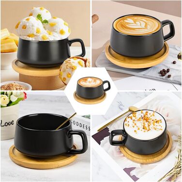 Набір кавових чашок капучино 4 шт. 320 мл, з блюдцем, з кераміки, чорного кольору (Sc Schwarz)