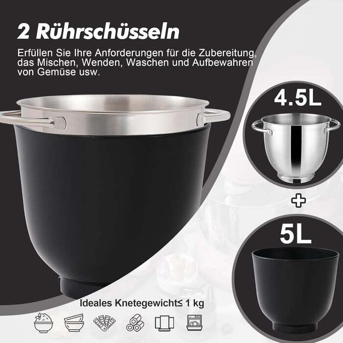 Кухонний комбайн Kitchen in the box, планетарний міксер з чашами 4,5 л та 5 л, 1300 Вт, 10+ швидкостей, з насадками (гак, міксер, вінчик), чорний
