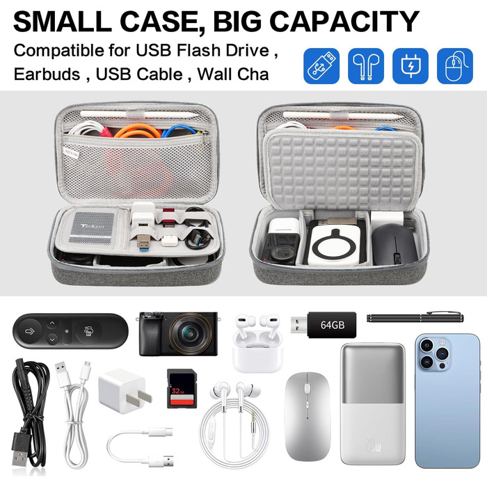 Органайзер для кабелів Teskyer, водонепроникний, жорсткий корпус, велика місткість, сірий (14 x 22 x 6,5 см)