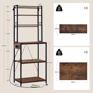 Кухонна полиця WOLTU з 6 ярусами та розетками, мікрохвильова полиця з 6 гачками, полиця пекаря з металевим каркасом, регульовані полиці, Чорний+Рустикальне коричневий, 60 x 167 x 40 см, Чорний+Вінтажний коричневий 60 x 39,5 x 167 см