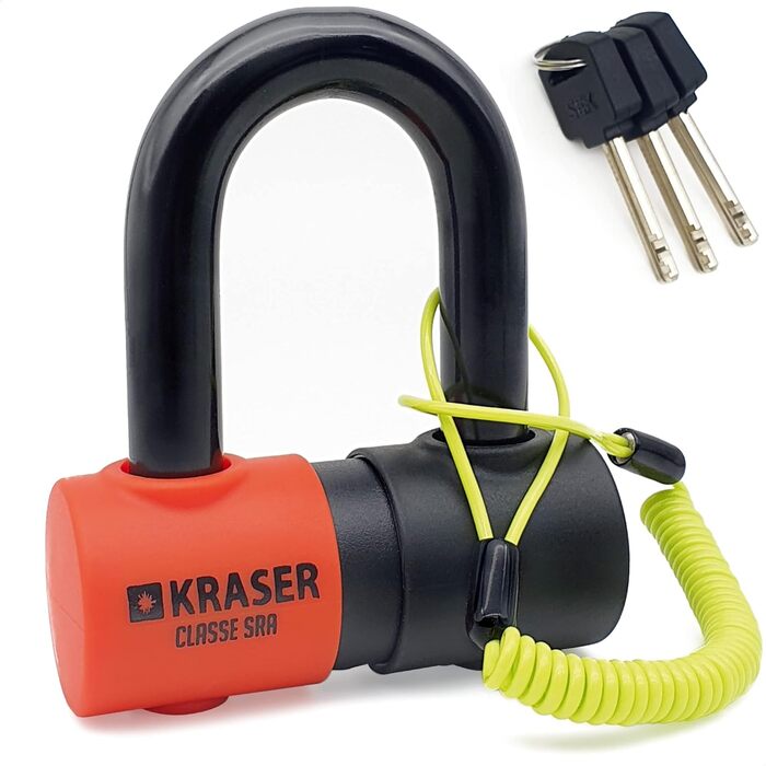 Протиугінний замок для мотоцикла KRASER KR50, дисковий, Ø18 мм, сертифікований SRA, з тросом-нагадуванням, для скутера та мотоцикла