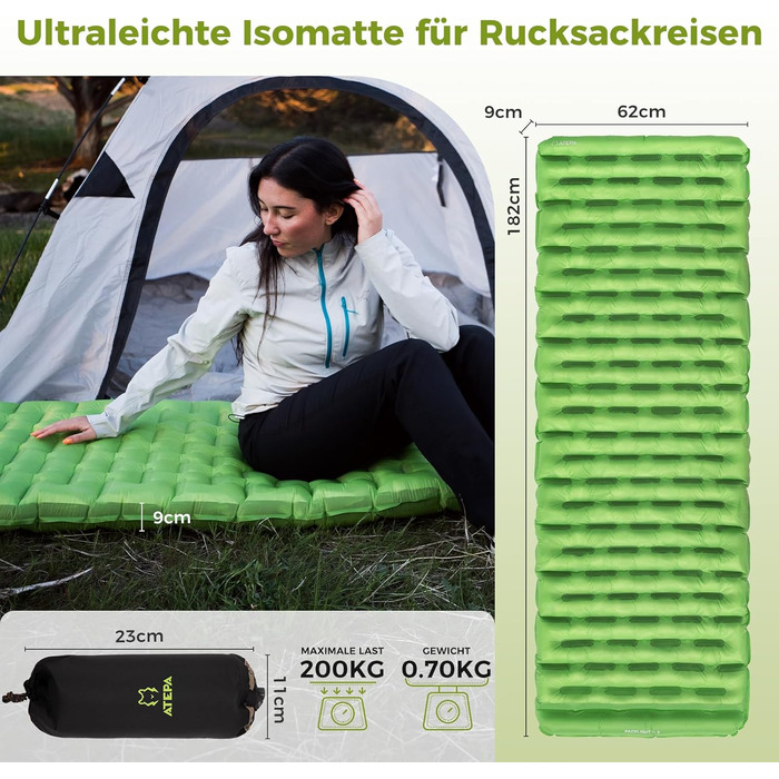 ATEPA ThermAir ізомат для кемпінгу та трекінгу, 6R, R-значення 6.6, 7 камер, компактний, з сумкою, 9см товщина, 9см зелений