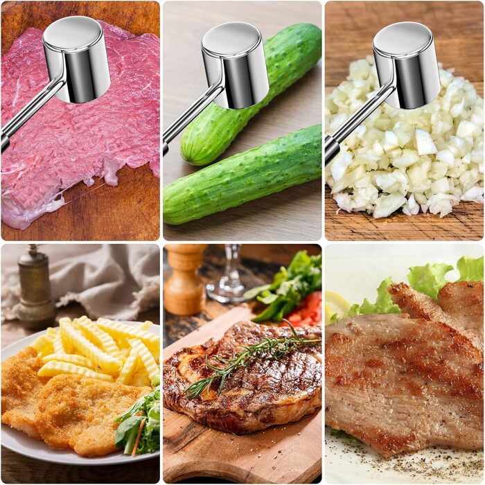 Металевий молоток для відбивання м'яса з нержавіючої сталі 304, 27 см, для відбивання шніцелів, стейків, яловичини, молоток для м'яса, двосторонній, срібний, для миття в посудомийній машині