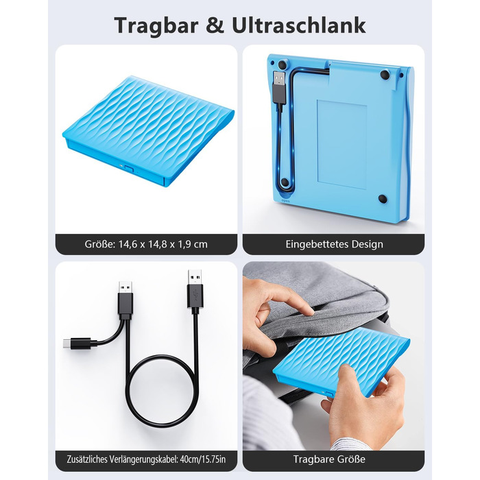 Зовнішній DVD CD привід DANGZW USB 3.0 Type-C, портативний DVD-брунер та плеєр для ноутбука та ПК (Windows, MacOS, Linux), синій