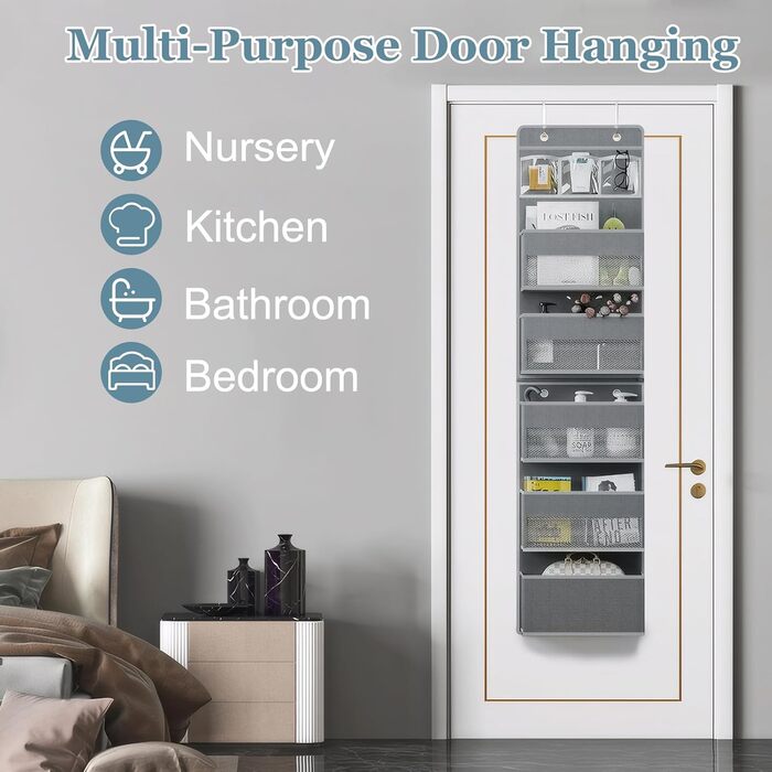 Органайзер для дверей, 5 кишень, з гачками, сірий. Організатор для ванної, шафи, кемпінгу, 150x36.5x14 см