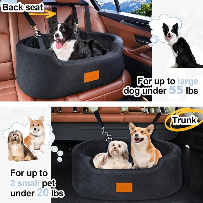 Dog Car Seat for Medium/Large Dogs (Up to 25 kg) or 2 Small Dogs - with Safety Leashes & Washable Cushion - Black Rear Seat Cover