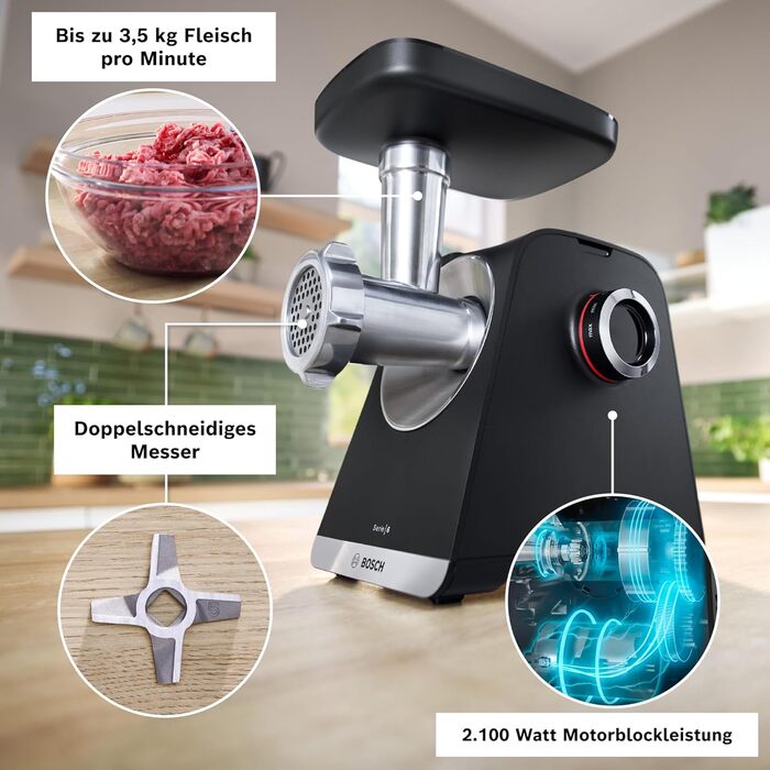 М'ясорубка Bosch MFW68660 срібляста (чорна) 2200 Вт, насадки для ковбас, 4 терки, 3 диски з нержавіючої сталі (3/4.8/8 мм)