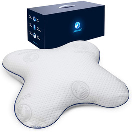 Ergonomic butterfly pillow for side sleepers made of memory foam. Orthopedic memory foam pillow for side sleepers. Neck pillow for relaxing the cervical spine, 56x48 cm, with blue cover