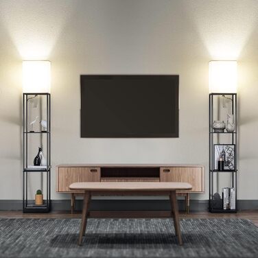 Стійка лампа з полицею для вітальні у стилі вінтаж, чорна. Металева підлога, 3 режими кольору, тканинний абажур, вимикач на ніжці. Ідеальна для вітальні, спальні, офісу.