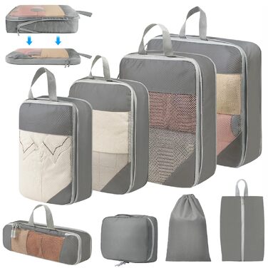 Набір органайзерів для валізи 8 шт., компресійні пакети для подорожей, сірий колір