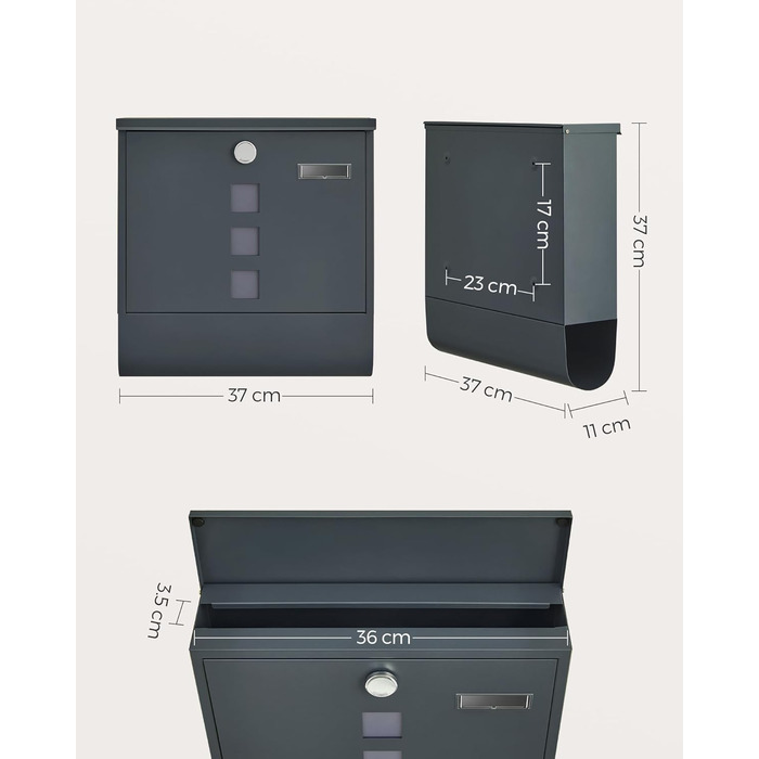 Поштова скринька SONGMICS з замком, оглядовим вікном та відділенням для газет, антрацит, 30.8x33.8x10 см (GMB20AG)