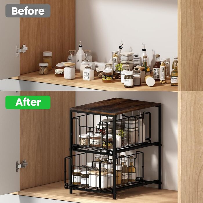 Meltrck Spice Rack and Kitchen Organizer, 2-Tier Pull Out Kitchen Organizer, Metal and Wood Composite for Kitchen, Countertop, Pantry, and Dining Room (Vintage Brown)