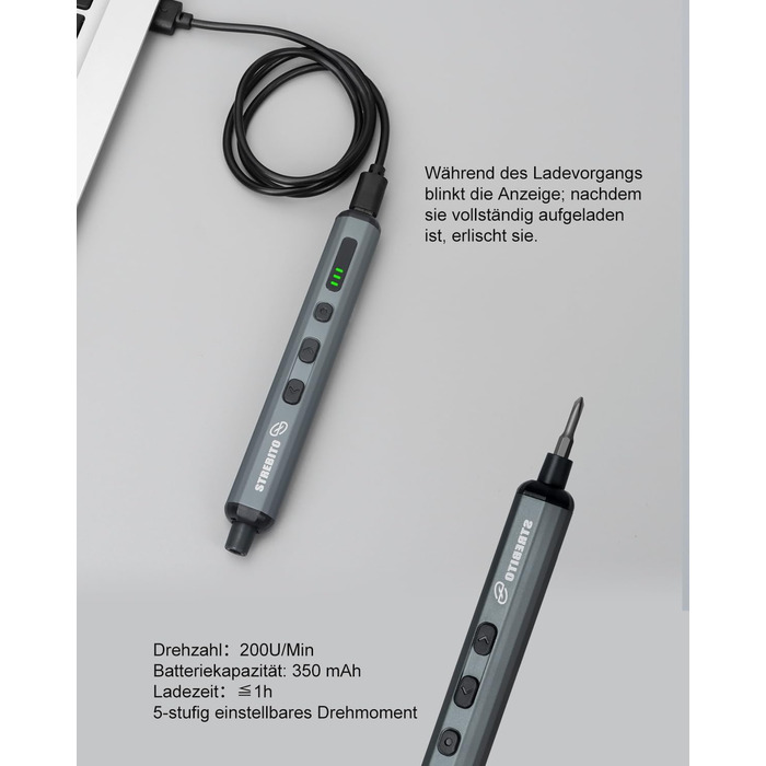 Міні-шуруповерт STREBITO 70-в-1: комплект з 64 бітами, 5 режимів крутного моменту, LED-підсвічуванням, сірий