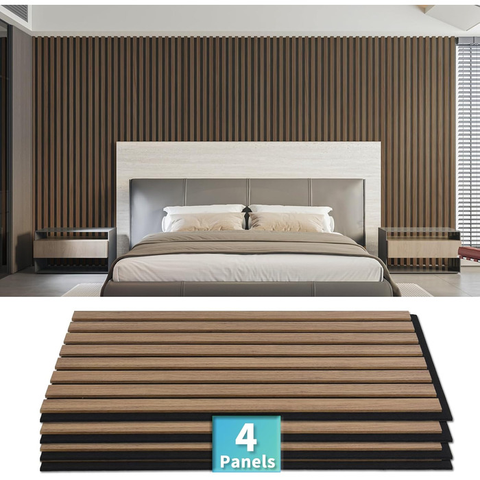 Акустичні панелі Art3d Темний горіх, 3D стінові панелі для звукоізоляції офісу, студії та вітальні, шпоноване дерево з фетровою основою, 60x30 см (набір 4 шт, 0.72 м²)