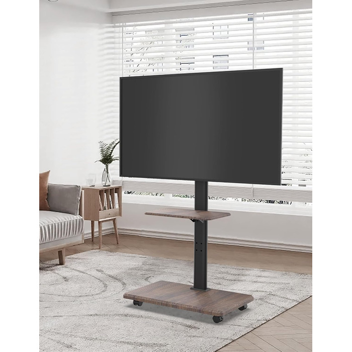 Підставка для телевізора Delphos Mobiler TV – мобільна, з дерев'яною основою, для телевізорів 32-70 дюймів, до 45 кг, регульована по висоті (до 130 см), поворотна ±25°, VESA 600x400 (волоський горіх)