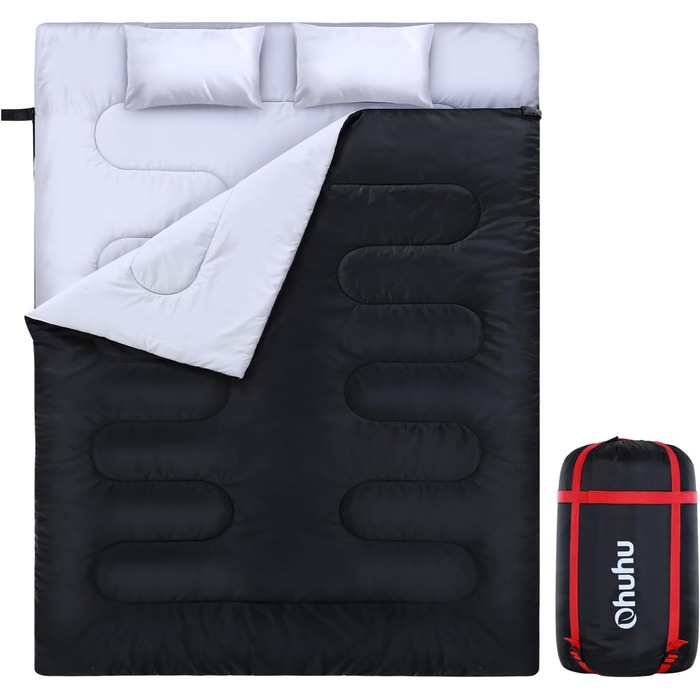 Спальний мішок Ohuhu на 2 особи, 220x150 см, для кемпінгу, подорожей, сімейного відпочинку та фестивалів (чорний, 3.5 кг)