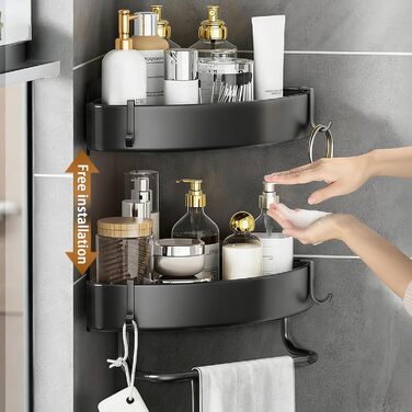 Поличка для душу з 2 рівнями, кутова, без свердління, з нержавіючої сталі, з тримачем для рушників та 2 гачками, чорна, для ванної, кухні, туалету